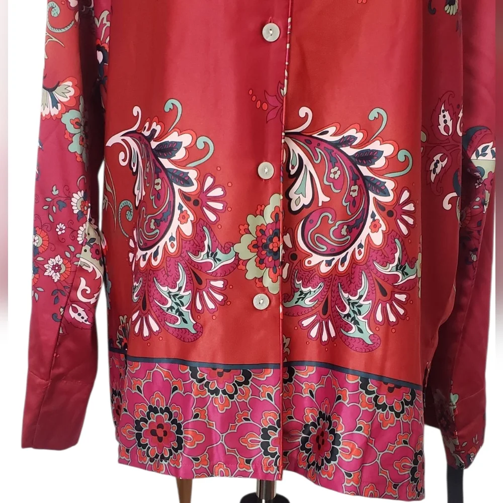 NWT Natori Satin Paisley Floral Button Front Pajama Top Artsy Asian